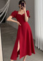 Women Summer French Style Puff Sleeve Square Neck Slit Long Dress