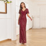 Short Sleeve Ruffle Elastic Maxi Dress Shiny Sequins Double V Neck Women's Floor-Member Mermaid Evening Gown