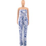 Summer Ladies Strapless Marble Print Wide Leg Pants Loose Jumpsuit