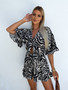 Summer Women's Zebra Print Ruffle Edge Sleeve Drop Shoulder Sleeve V-Neck Lace Up High Waist Shorts Jumpsuit