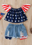 Flag printed top Denim shorts girls' two-piece set