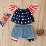 Flag printed top Denim shorts girls' two-piece set