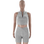 Women Summer Solid Sleeveless Zipper Collar Crop Top and Shorts Two Piece Set