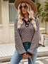 Women Striped Knitting Long Sleeve Color Block Turndown Collar Sweater