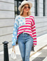 Plus Size Women Loose Stripe Knitting Long Sleeve Colorblock Round Neck Sweater