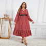 Women Solid Lace-Up V-Neck Long Sleeve Dress