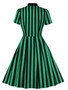 Plus Size Women's Turndown Collar Lace-Up Bow Vertical Stripe Short Sleeve Vintage Swing Dress