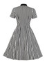 Plus Size Women's Turndown Collar Lace-Up Bow Vertical Stripe Short Sleeve Vintage Swing Dress