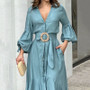 Green Dress Western Dress Fashion Casual Full Sleeve V Neck Turndown Collar Solid & Pocket Maxi Dress