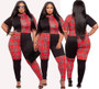 Plus Size Women Summer Plaid Contrast Print Short-sleeved Top and Trousers Two-piece Set