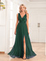 Women V-Neck Beaded Chiffon Sleeveless Side Slit Evening Gown