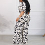 Sexy Printed Ruffle V-Neck Lace-Up Top High Waist Wide Leg  Pants Plus Size Two Piece Set