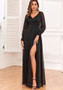 Women See-Through Long Sleeve V-Neck Slit Maxi Dress