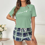 Women Summer Loungewear  Round Neck Printed Short Sleeve T-shirt and Plaid Shorts Two-piece Set