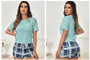 Women Summer Loungewear  Round Neck Printed Short Sleeve T-shirt and Plaid Shorts Two-piece Set