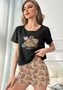 Women Summer Loungewear  Round Neck Printed Short Sleeve T-shirt and Shorts Two-piece Set