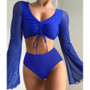 Two Pieces Plain High Waist Long Sleeve Swimsuit