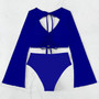 Two Pieces Plain High Waist Long Sleeve Swimsuit