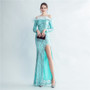 Feather Sequins Off Shoulder Long Sleeve Mermaid Evening Dress