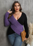 Autumn/Winter Women's Tops Plus Size Ladies Contrast Color Patchwork Deep V Crossover Sexy Sweater