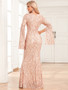 Women's V Neck Slit Long Sleeves Fully Lined Formal Party Mermaid Glitter Evening Dress