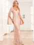 Women's V Neck Slit Long Sleeves Fully Lined Formal Party Mermaid Glitter Evening Dress