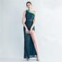 Women Premium Ostrich Feather Satin Sequin Slit Evening Gown