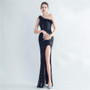 Women Premium Ostrich Feather Satin Sequin Slit Evening Gown