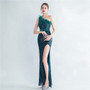 Women Premium Ostrich Feather Satin Sequin Slit Evening Gown