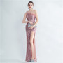 Women Premium Ostrich Feather Satin Sequin Slit Evening Gown