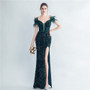 Women Herringbone ostrich velvet sequined mermaid evening dress