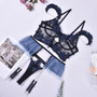 Women Contrasting Mesh Embroidery Sexy Lingerie Three-Piece