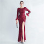 High-density ostrich feather sequin long-sleeved mermaid high-end evening dress