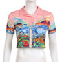 Spring Summer Fashion Trend Ladies Abstract Face Print Turndown Collar Short Sleeve Button Loose Cropped Shirt