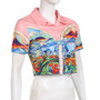 Spring Summer Fashion Trend Ladies Abstract Face Print Turndown Collar Short Sleeve Button Loose Cropped Shirt