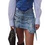 Women's Tie Dye Distressed Patchwork Irregular Pocket High Waist Zipper Slim Denim Skirt