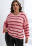 Plus Size Women Striped Button Sleeve Contrast Patchwork Oversized Sweater