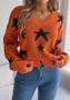 Women Casual V-Neck Star Long Sleeve Knitting Sweater