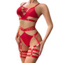 Women Solid Lace-Up Hollow Sexy Lingerie Two-piece Set