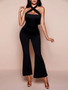 Women's Halter Neck Lace Up Low Back Bell Bottom Pants Slim Fit Ladies Jumpsuit