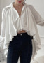 Fall Turndown Collar Balloon Sleeve Long Cuff Pleated Solid Color Irregular Women's Open Waist Shirt