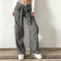 Street Hipster Women Clothing Casual Loose Drawstring Belt High Waist  Grey Wide Leg Denim Cargo Pants