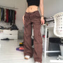 Street Hipster Women Clothing Casual Loose Drawstring Belt High Waist  Grey Wide Leg Denim Cargo Pants