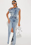 Women Casual Fashion Denim Top and Slit Skirt Two-Piece Set