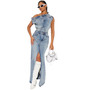 Women Casual Fashion Denim Top and Slit Skirt Two-Piece Set