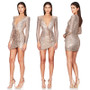 Deep V Sequins Ruffles Bodycon Dress Chic Fashion Slim Long-Sleeved Party Dress