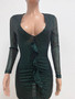 Deep V Sequins Ruffles Bodycon Dress Chic Fashion Slim Long-Sleeved Party Dress