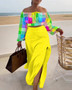 Fall Casual Print Off Shoulder Long Sleeve Slit Holidays Maxi Skirt Two-Piece Set