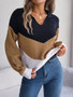 Wind Autumn And Winter Casual Turndown Collar Contrast Color Long-Sleeved Knitting Pullover Sweater Women's Clothing