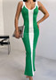 Spring And Summer Sexy Color Contrast Knitting Mid-Length Tight Fitting Sling Slit Color Matching Dress
